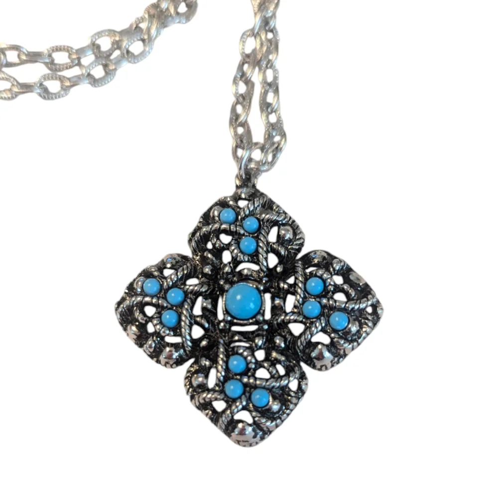 VTG 1973 Signed Avon Sierra Faux Turquoise Silver Tone Chain Pendant & Ring Set